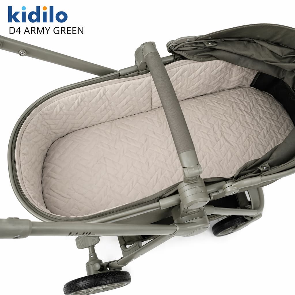 poussette combinée KIDILO D4 army green vue intérieure nacelle matelas rembourré détail confort bébé