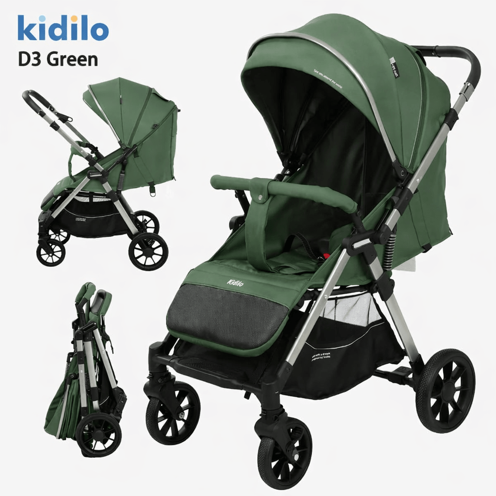 📋poussette compacte réversible Kidilo D3 Air Travel compacte et pliable vue 3/4 green