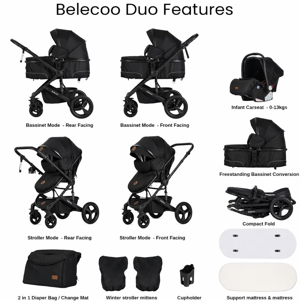 poussette combinée Bébé Belecoo Duo – Réversible Double Face Avec Accessoires