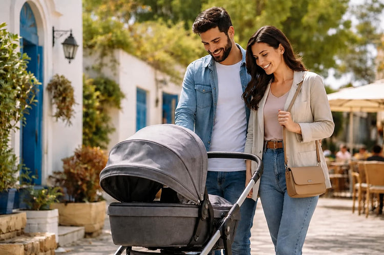 jeunes parents avec leur bébé dans une poussette combinée rue de Tunis
