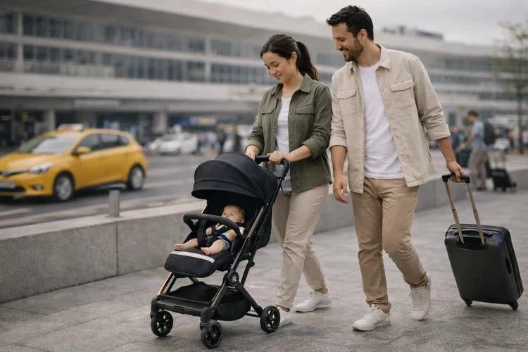 parents partant en voyage à l'aéroport de Tunis avec leur bébé assis dans une poussette cabine avion