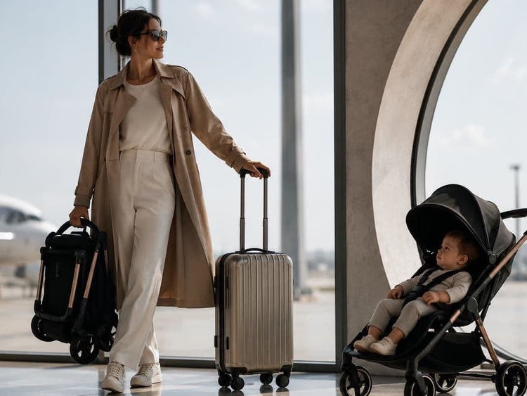 poussette avec bébé et maman élégante à l'aéroport