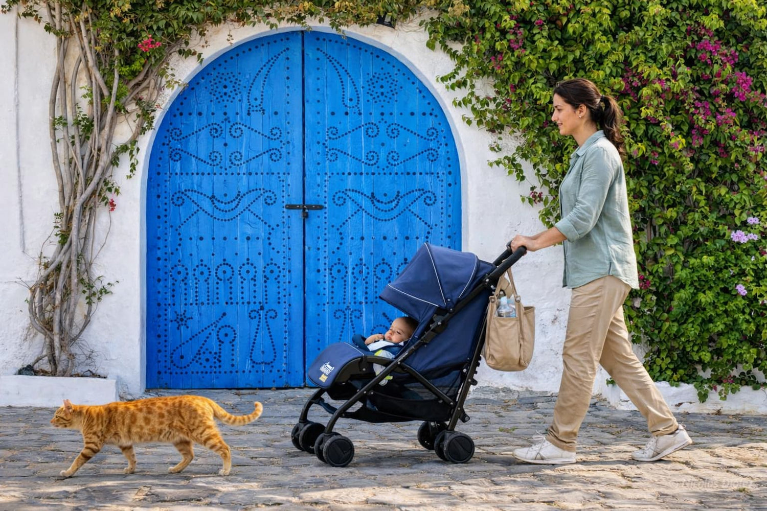 femme poussant une poussette canne bébé bleue dans une rue méditerranéenne avec lumière dorée et porte bleue en arrière-plan, collection poussettes canne