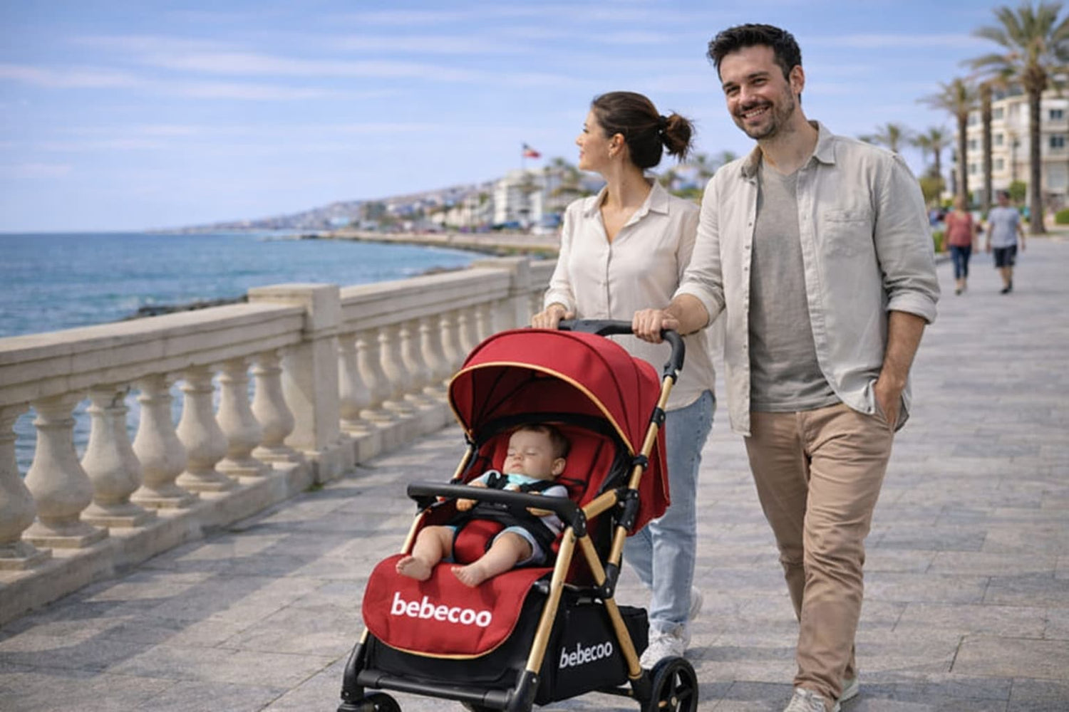 Poussette classique bébé confortable avec bébé endormi en balade en famille en bord de mer – légère et facile à pousser, collection poussettes classiques