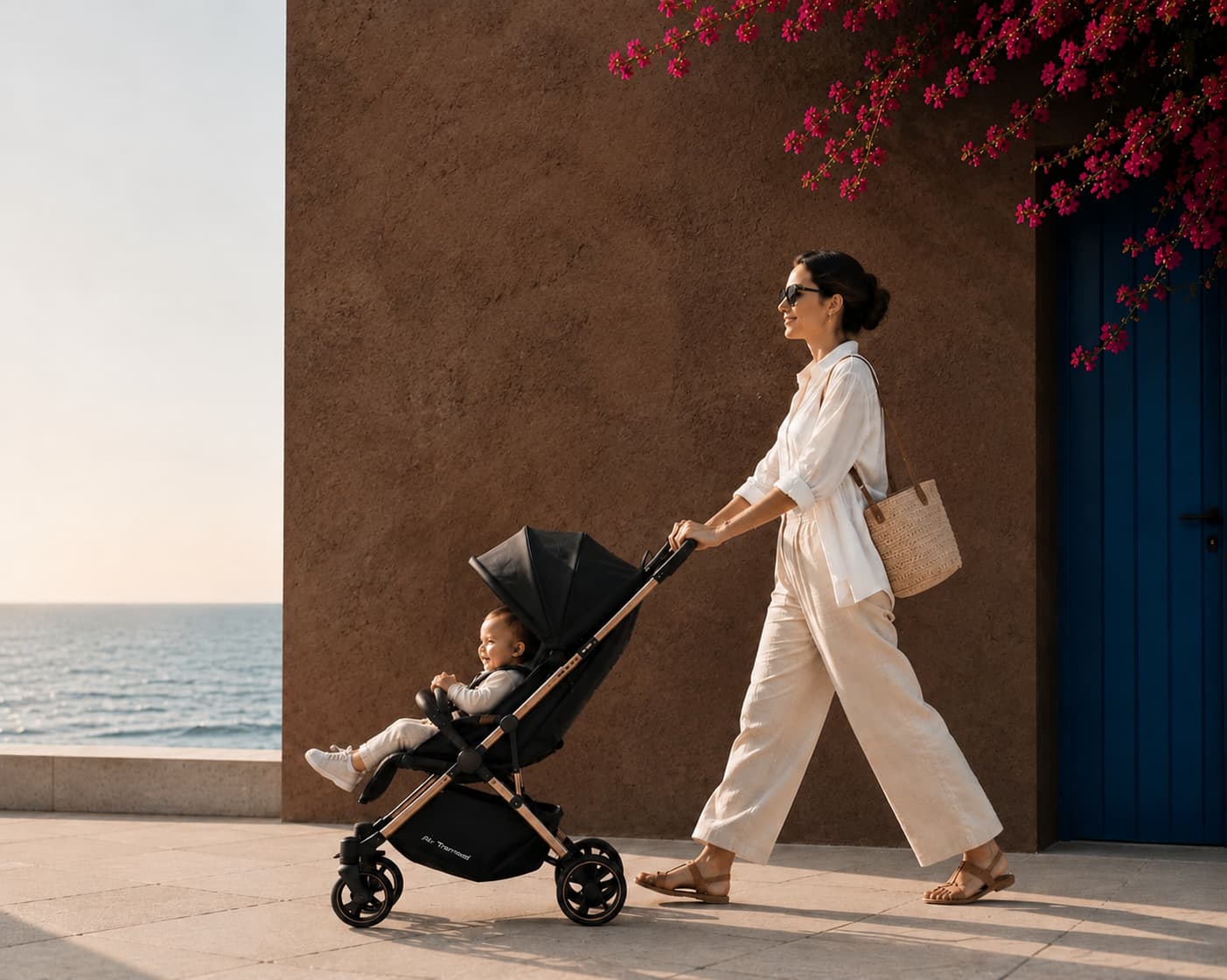 promenade maman et poussette bébé en bord de mer Tunisie