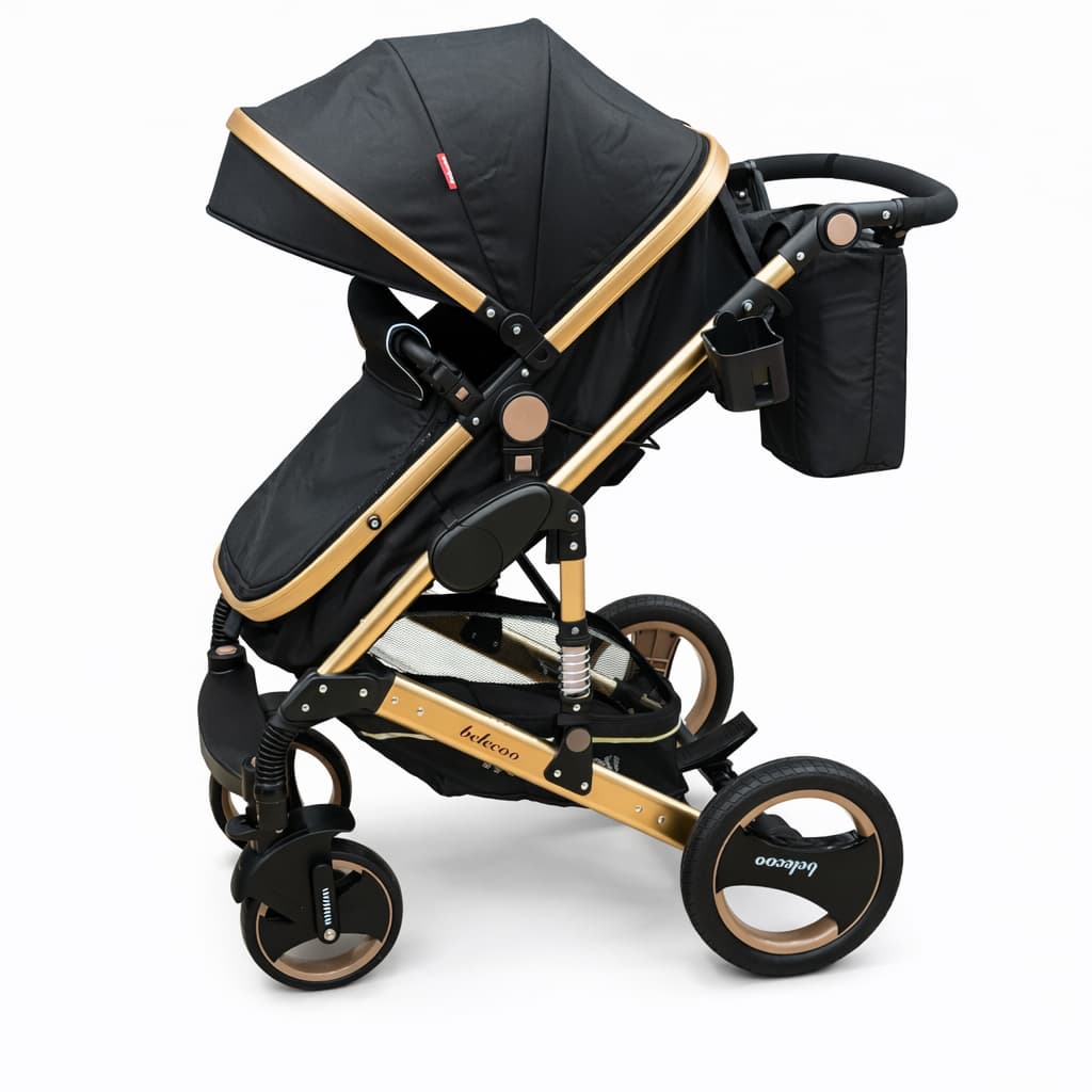 Poussette 2 en 1 Belecoo noire avec châssis doré, modèle confortable, compact et adapté dès la naissance