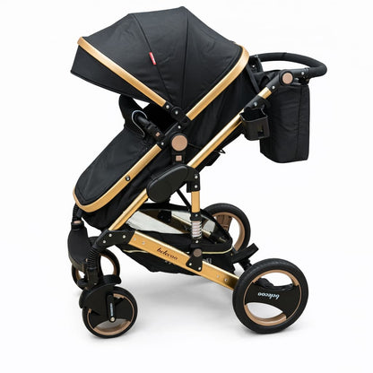 Poussette 2 en 1 Belecoo noire avec châssis doré, modèle confortable, compact et adapté dès la naissance