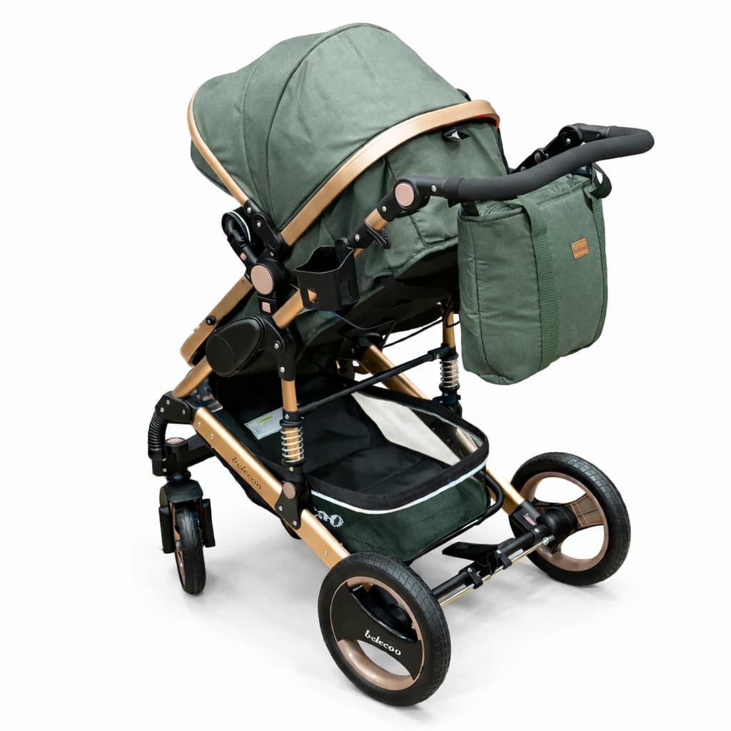 Poussette 2 en 1 Belecoo verte bronze avec châssis doré, modèle confortable et compacte adaptée dès la naissance