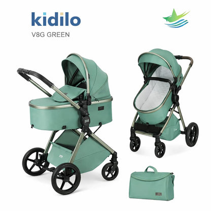 Poussette combinée 2 en 1 Kidilo V8G verte avec nacelle et siège
