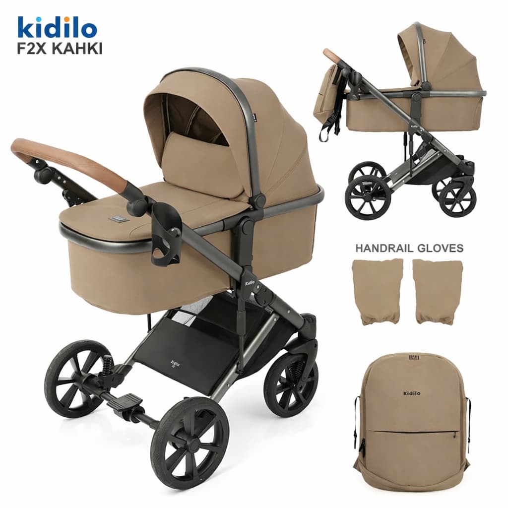 Poussette combinée évolutive F2X confort khaki avec nacelle et accessoires
