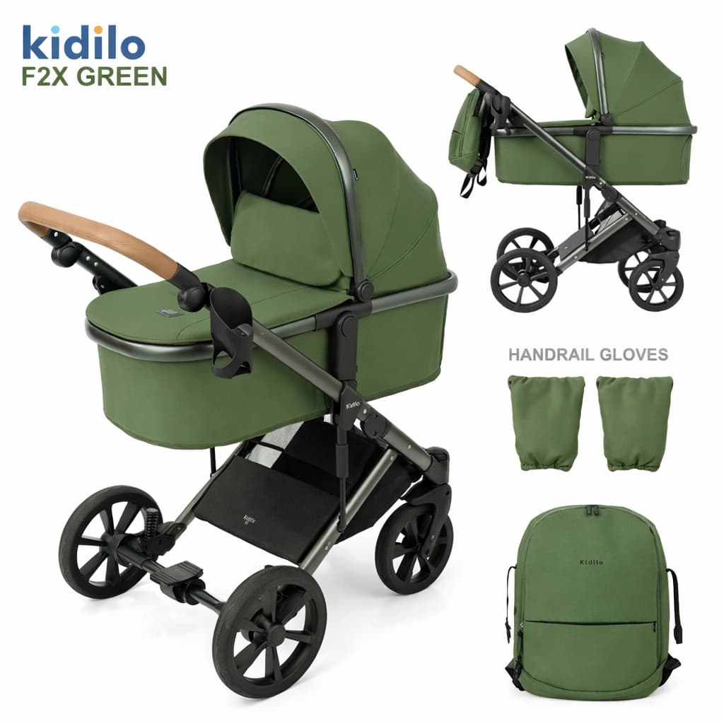 Poussette combinée Kidilo F2X quotidienne verte avec nacelle et accessoires