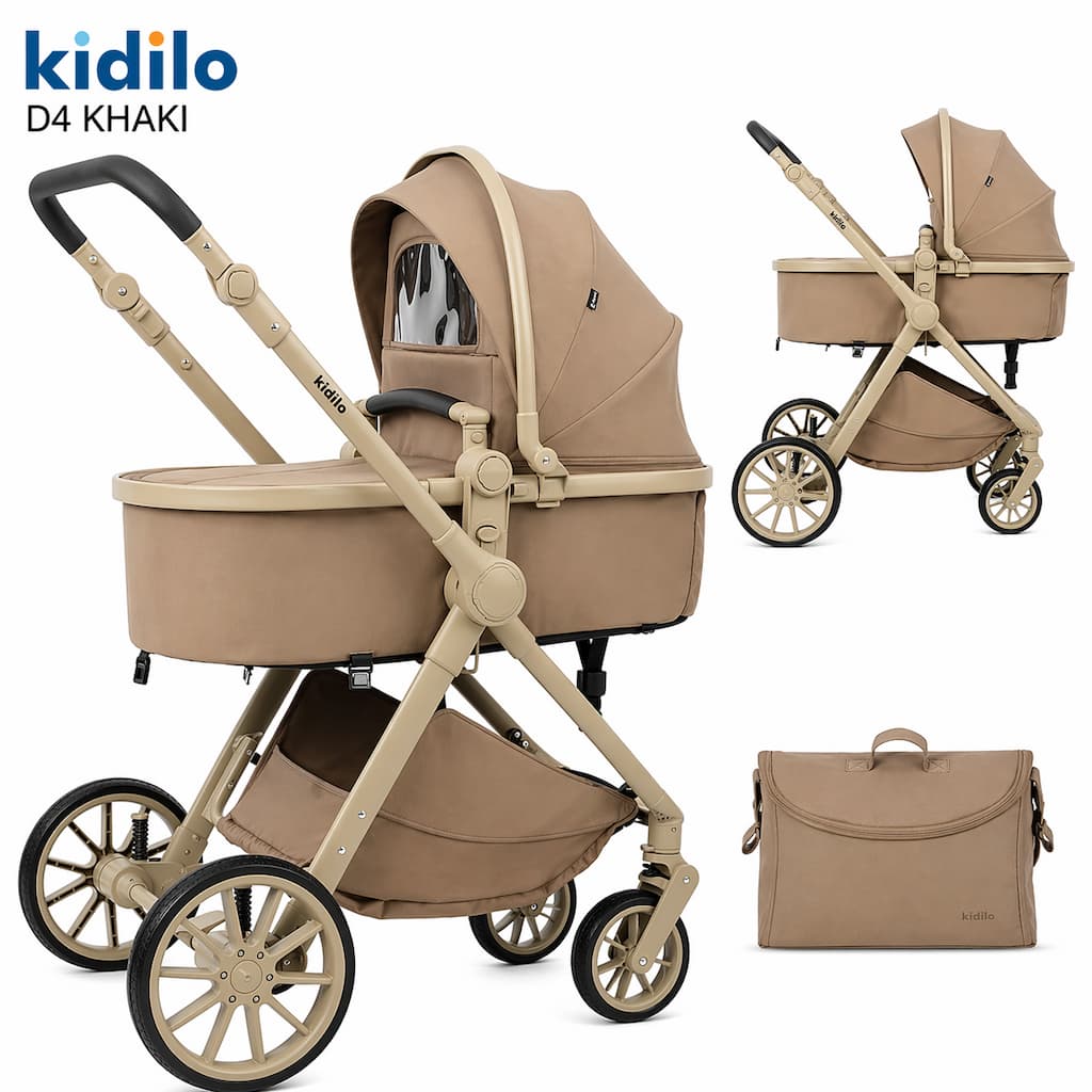 poussette 2 en 1 KIDILO D4 nacelle confortable et structure solide khaki