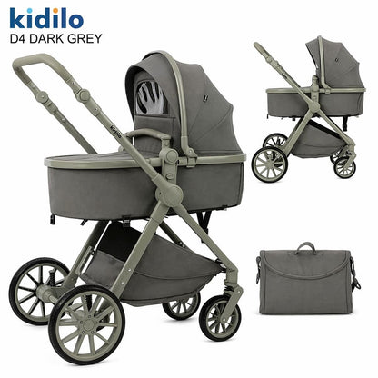 poussette KIDILO D4 design moderne avec suspension et panier de rangement dark grey