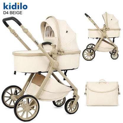 poussette bébé KIDILO D4 réversible avec grande capote et roues larges beige