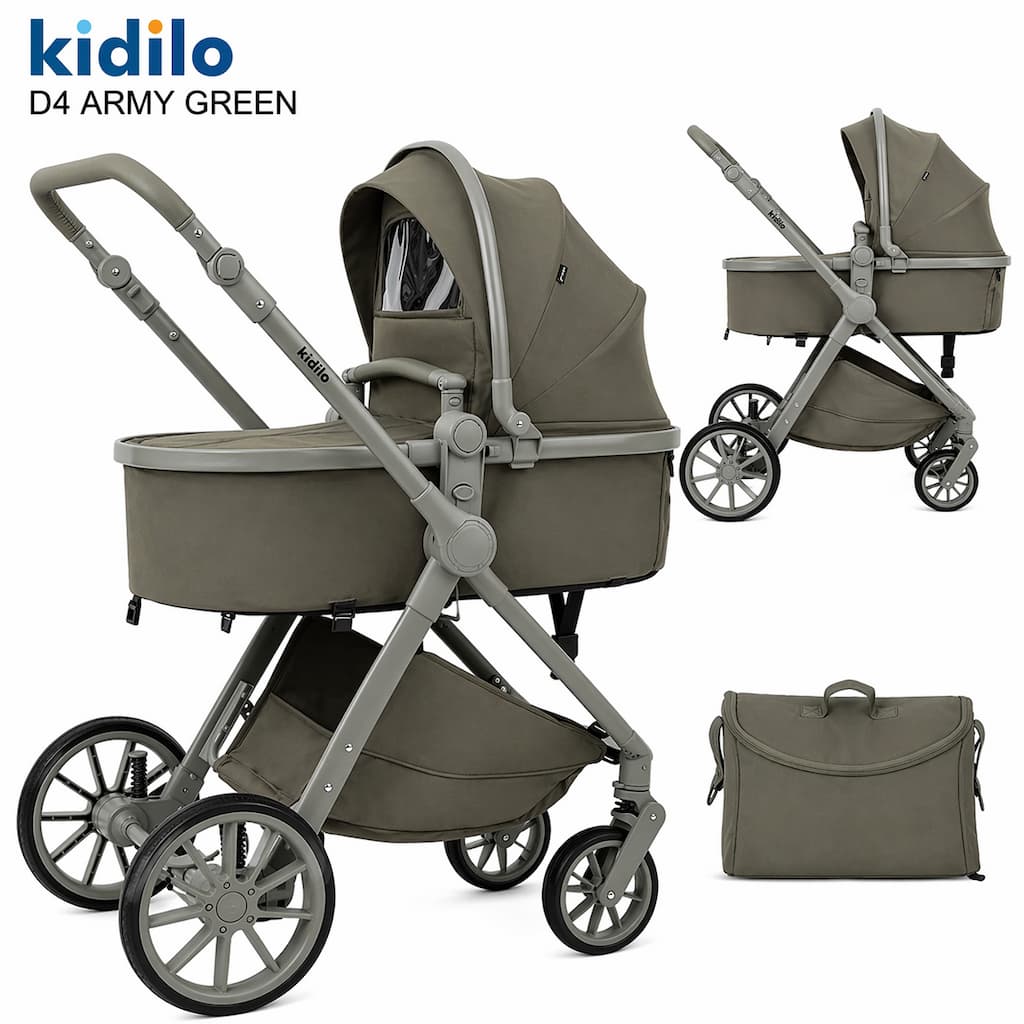 poussette combinée KIDILO D4 avec nacelle et châssis robuste vue complète army green