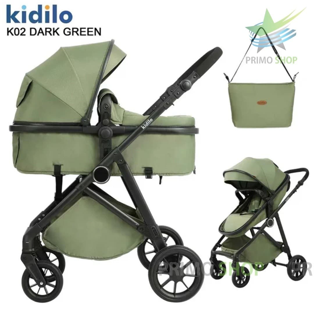 Poussette combinée KIDILO K02 vert  avec nacelle siège et sac maman fond blanc 