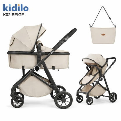 Poussette combinée KIDILO K02 beige avec nacelle siège et sac maman