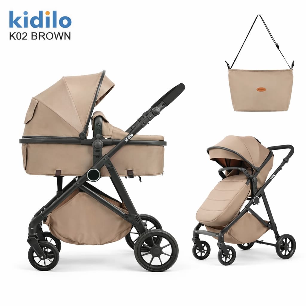 Poussette combinée KIDILO K02 marron avec nacelle siège et sac maman