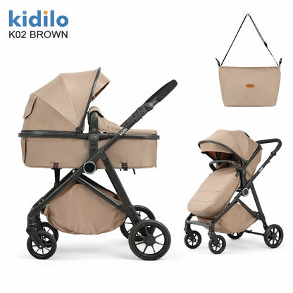 Poussette combinée KIDILO K02 marron avec nacelle siège et sac maman