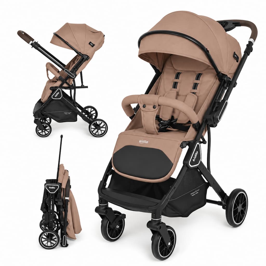 poussette compacte kidilo k919 réversible pliée et dépliée coffee