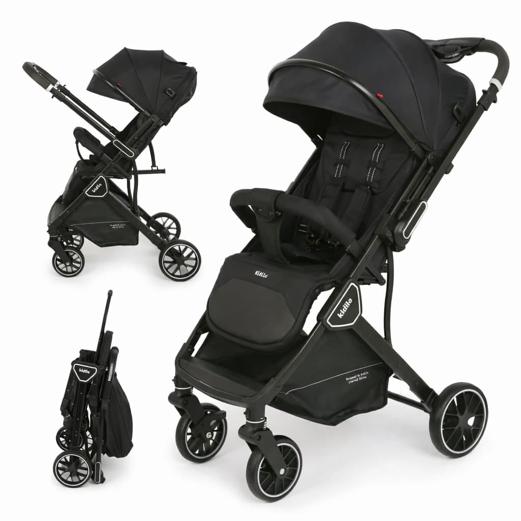 Poussette poussette cabine avion kidilo k919 réversible pliée et dépliée noir
