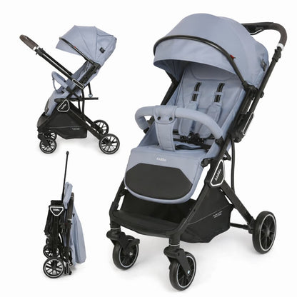 Poussette poussette cabine avion kidilo k919 réversible pliée et dépliée couleur gris bleu clair, compacte et élégante