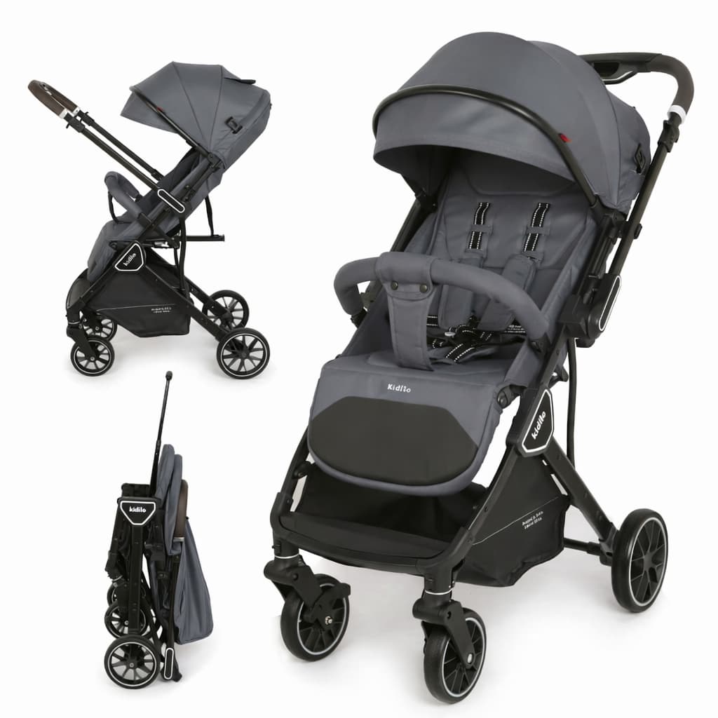 Poussette poussette cabine avion kidilo k919 réversible pliée et dépliée noir grise