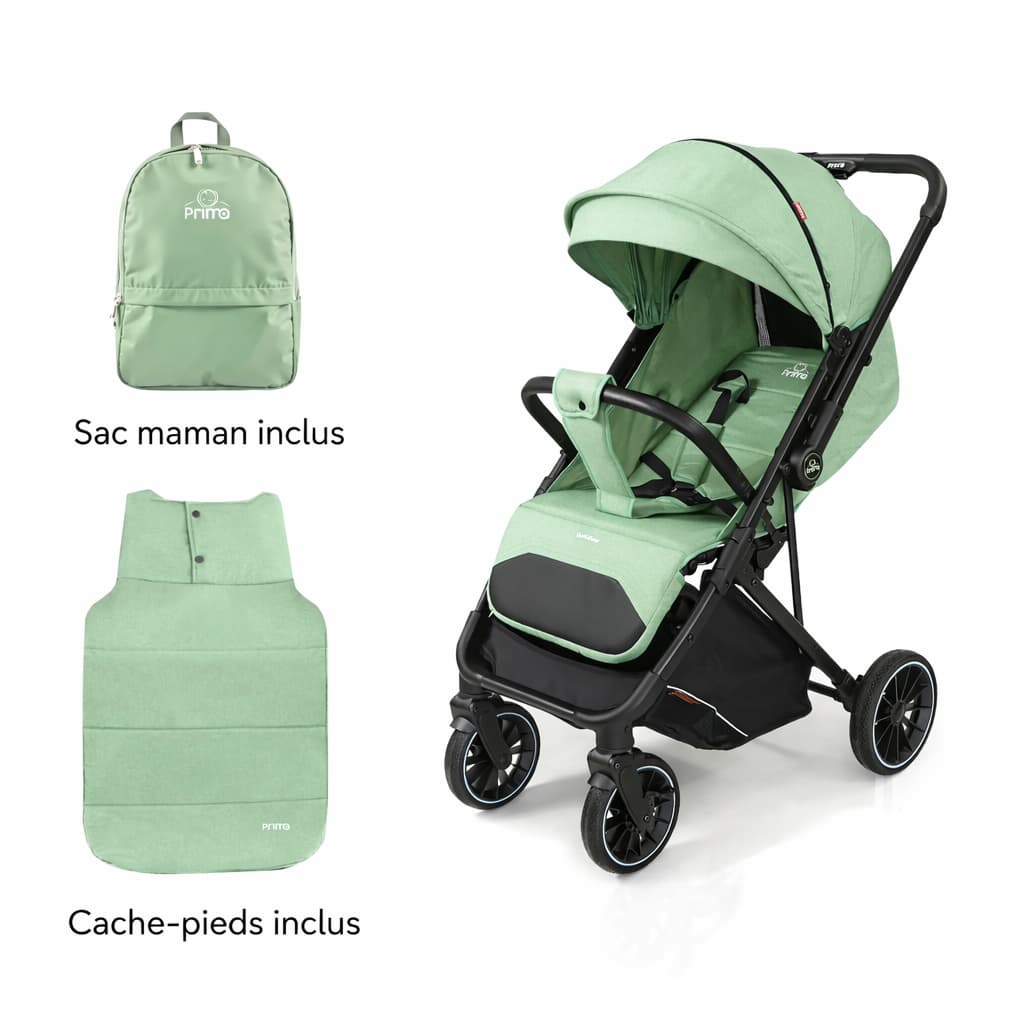 Poussette compacte PRIMA Quotidiano verte pliable et facile à transporter