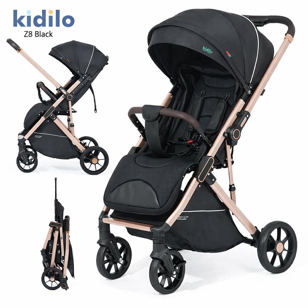 Poussette Kidilo Z8 réversible confortable noir – vue 3/4 sur fond blanc