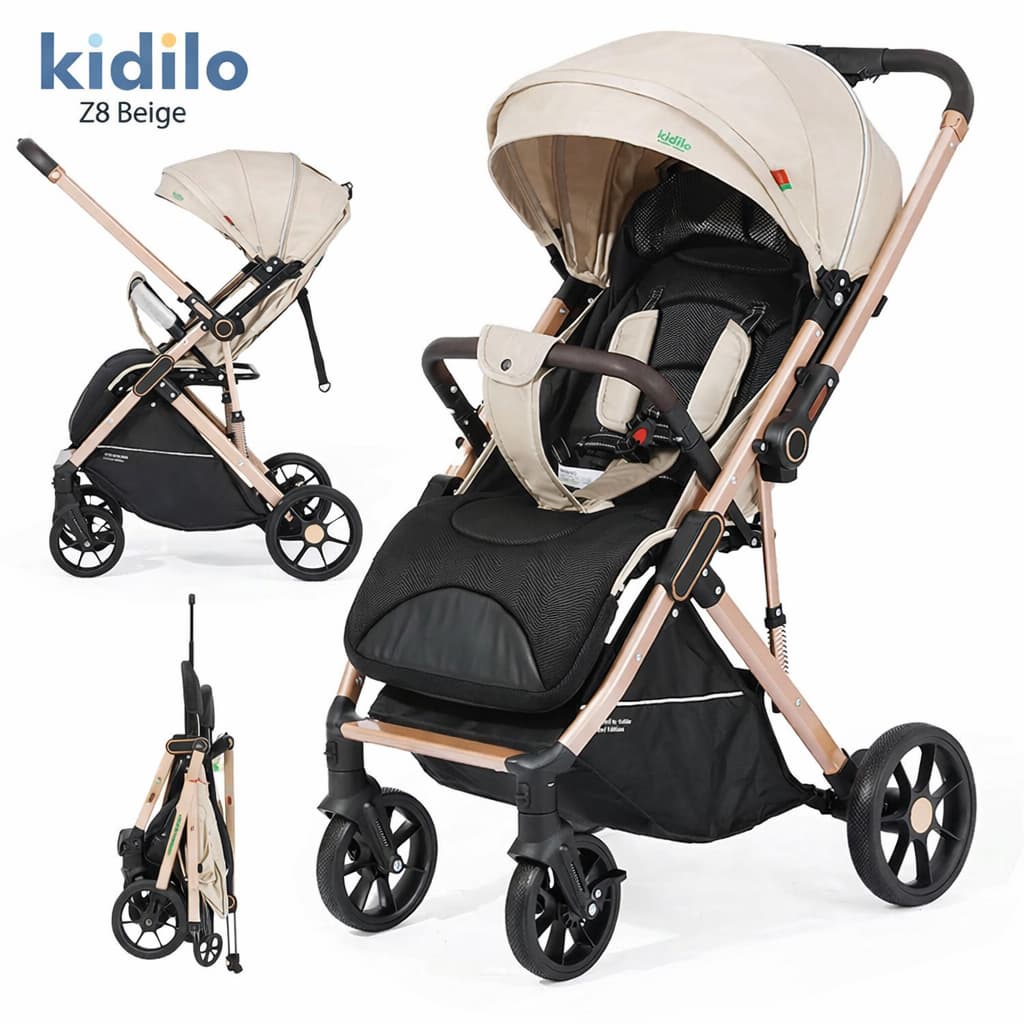 Poussette compacte Kidilo Z8 maniable en ville beige – vue 3/4 sur fond blanc