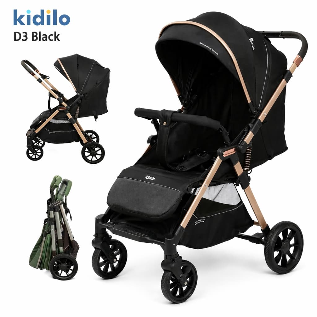 📋poussette cabine avion réversible Kidilo D3 Air Travel compacte et pliable vue 3/4 noire