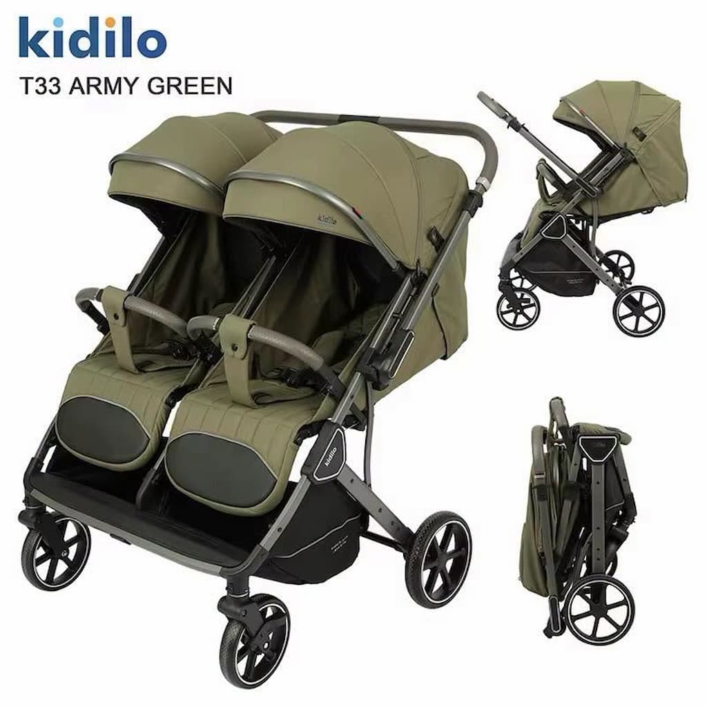 Poussette double pour jumeaux avec poignée réversible Kidilo T33 vert armée, de face, pliée et de profil