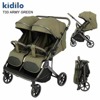 Poussette double pour jumeaux avec poignée réversible Kidilo T33 vert armée, de face, pliée et de profil