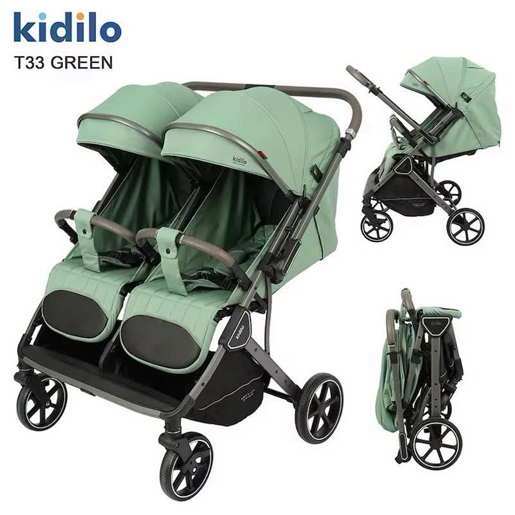 Poussette double pour jumeaux avec poignée réversible Kidilo T33 verte, de face, pliée et de profil