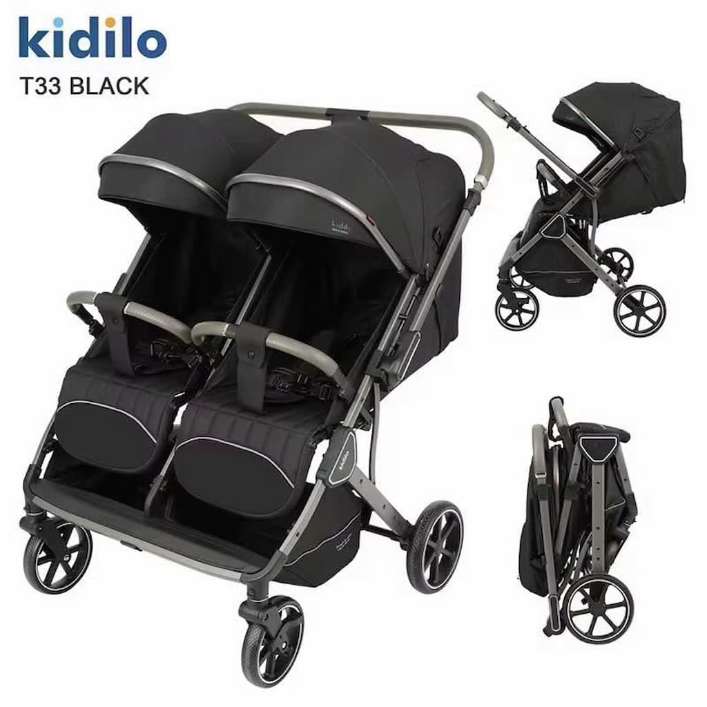 Poussette double jumeaux avec poignée réversible Kidilo T33 noire de face, pliée et de profil