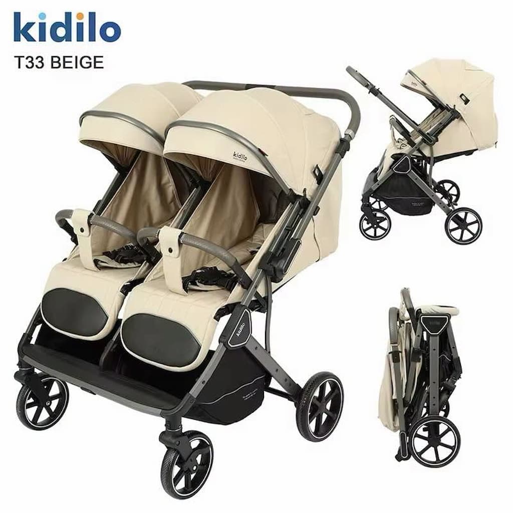 Poussette double jumeaux avec poignée réversible Kidilo T33 beige, de face, pliée et de profil