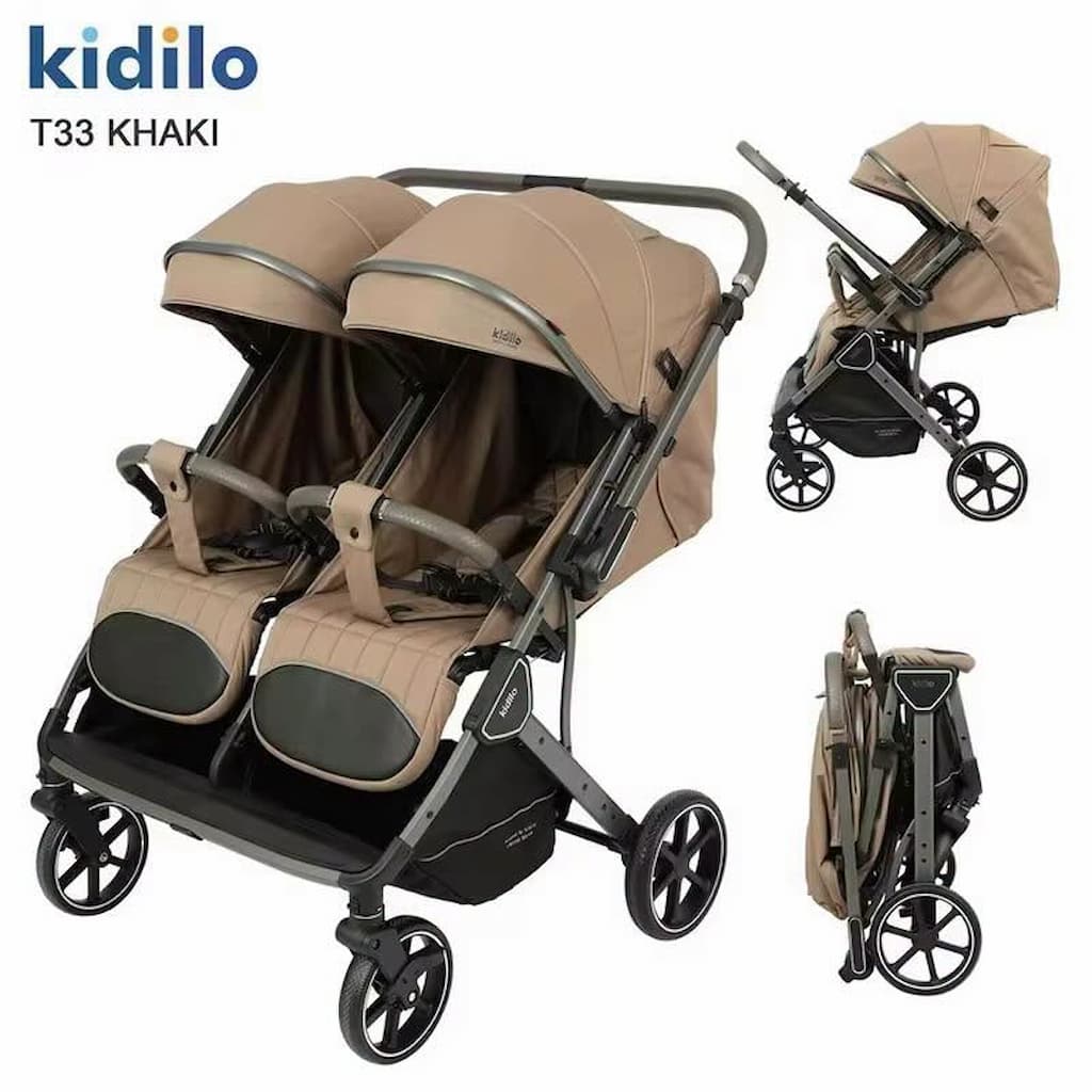 Poussette double jumeaux avec poignée réversible Kidilo T33 khaki de face, pliée et de profil