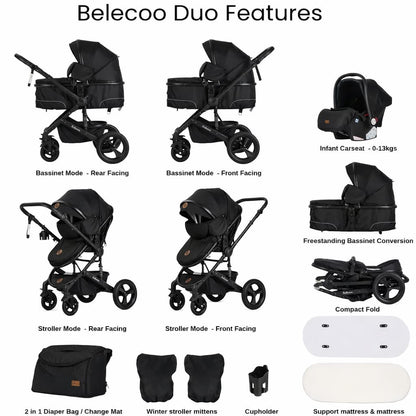 poussette combinée Bébé Belecoo Duo – Réversible Double Face Avec Accessoires
