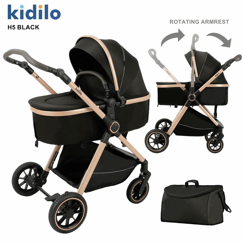 poussette combinée landau KIDILO H5 noire réversible avec accessoires bébé