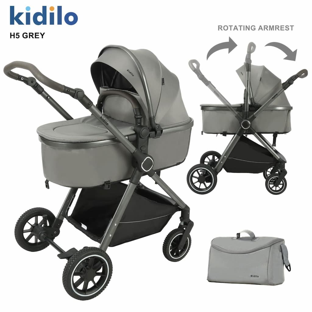 poussette combinée KIDILO H5 grise confortable et pliable dès la naissance
