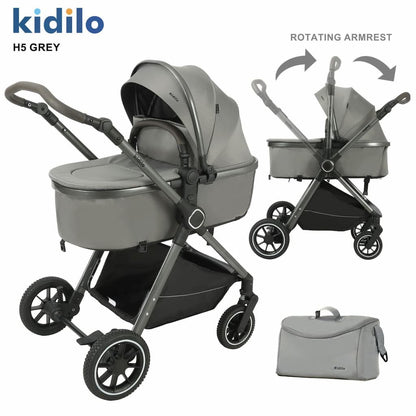poussette combinée KIDILO H5 grise confortable et pliable dès la naissance