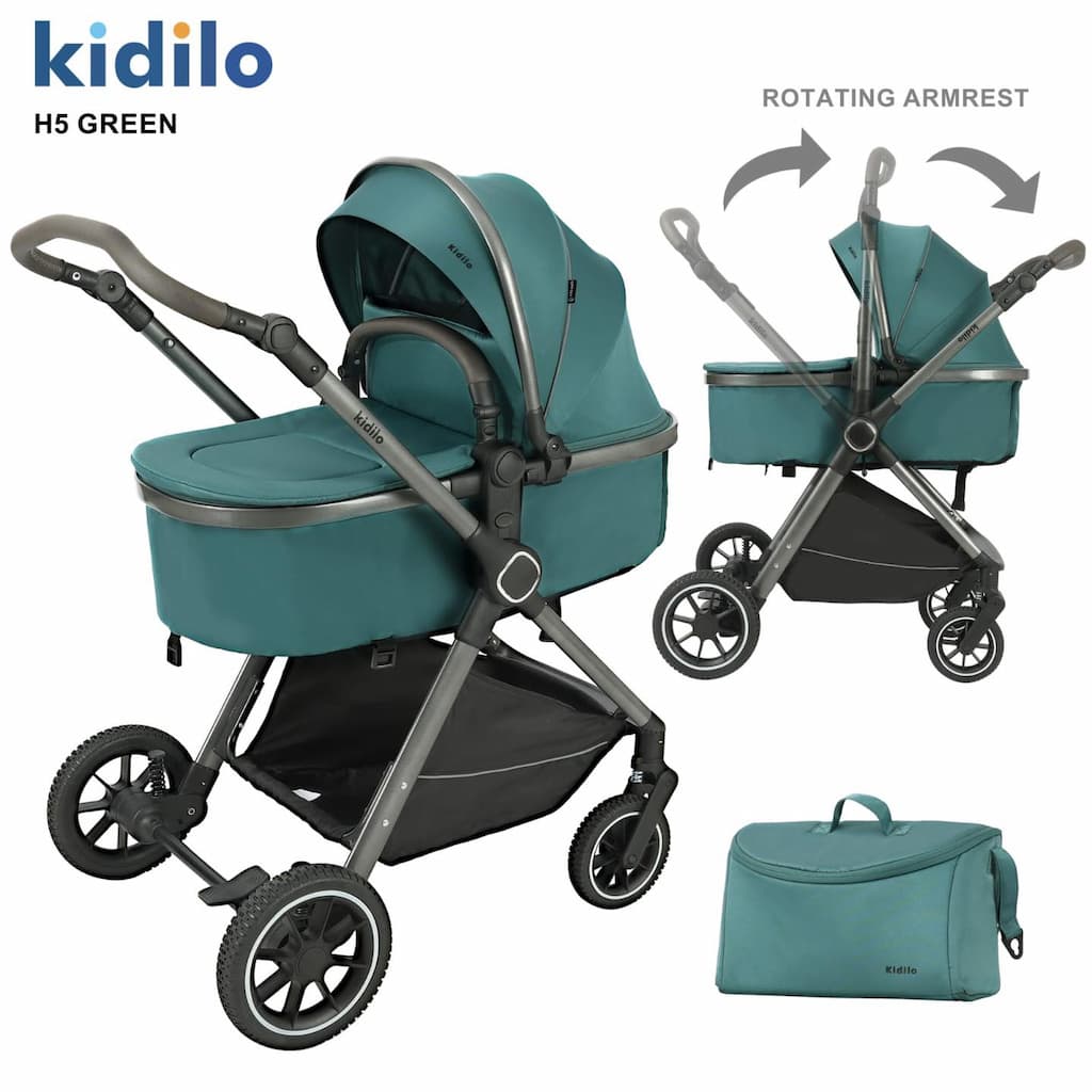poussette combinée landau KIDILO H5 verte pratique et maniable au quotidien