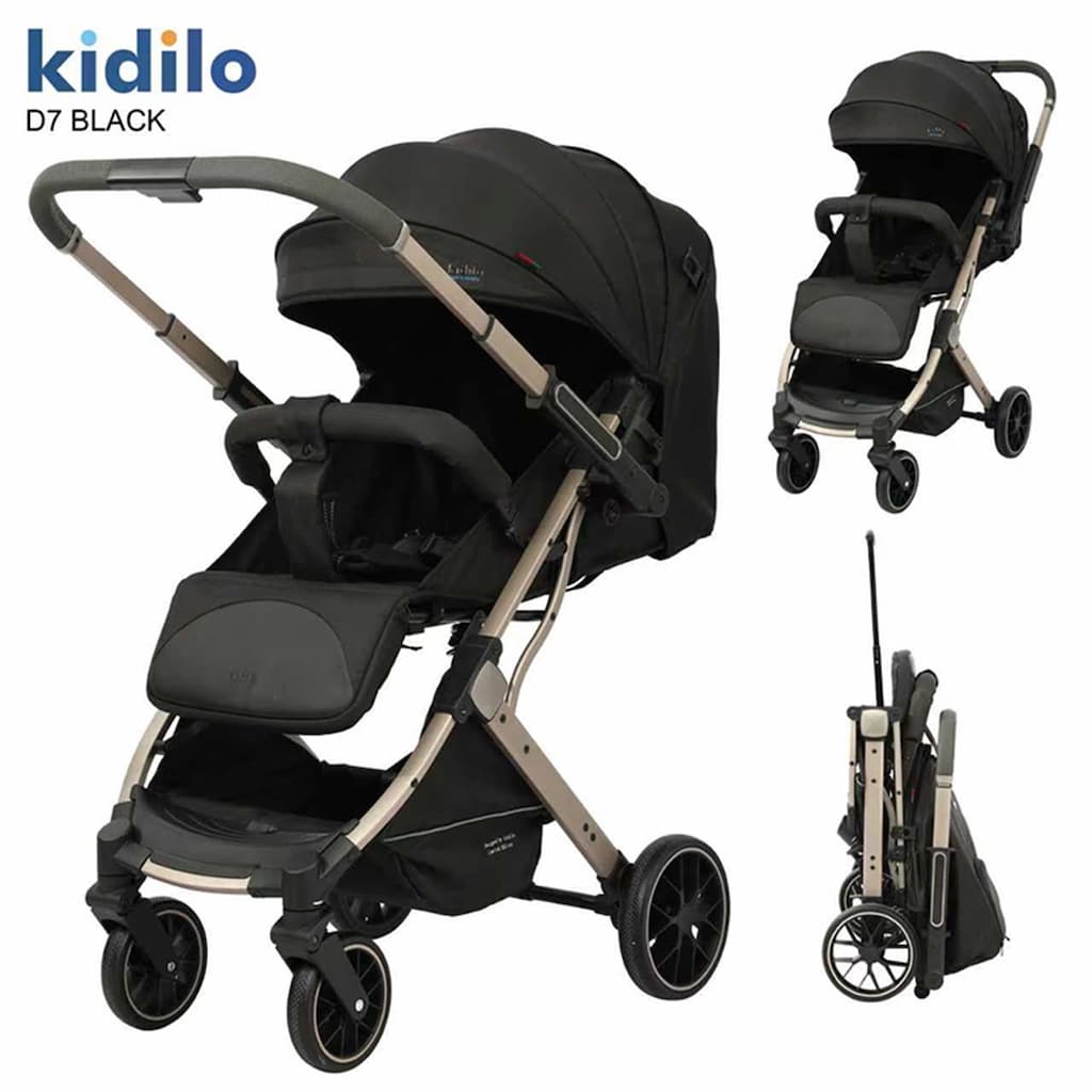 poussette kidilo D7 réversible vue de 3/4 noir vue pliée et face