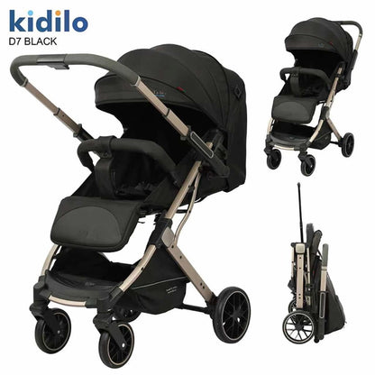 poussette kidilo D7 réversible vue de 3/4 noir vue pliée et face