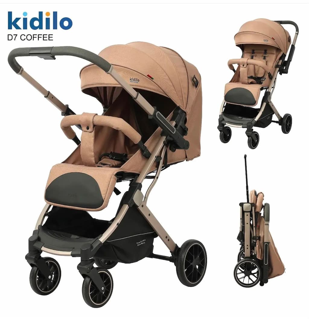 poussette kidilo D7 réversible vue de 3/4 couleur coffee vue pliée et face
