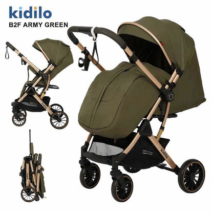 Poussette compacte réversible KIDILO B2F vert armée vue de profil et pliée