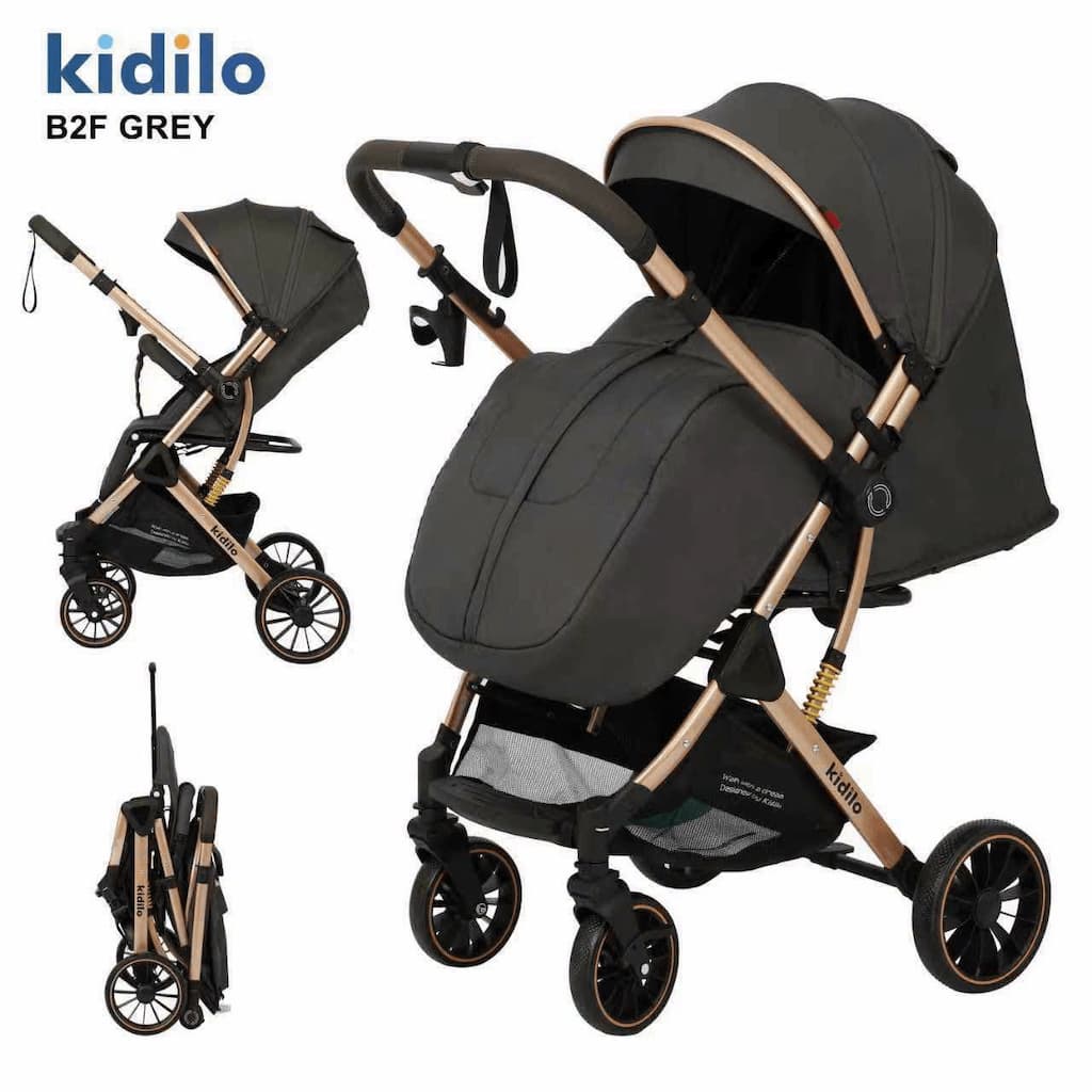 Poussette compacte réversible KIDILO B2F gris foncé vue de profil et pliée