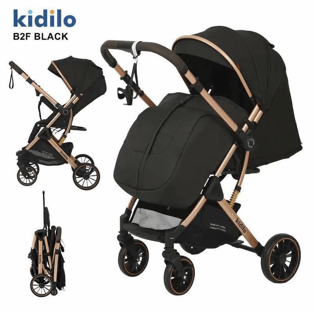 Poussette compacte réversible KIDILO B2F noire vue de profil et pliée