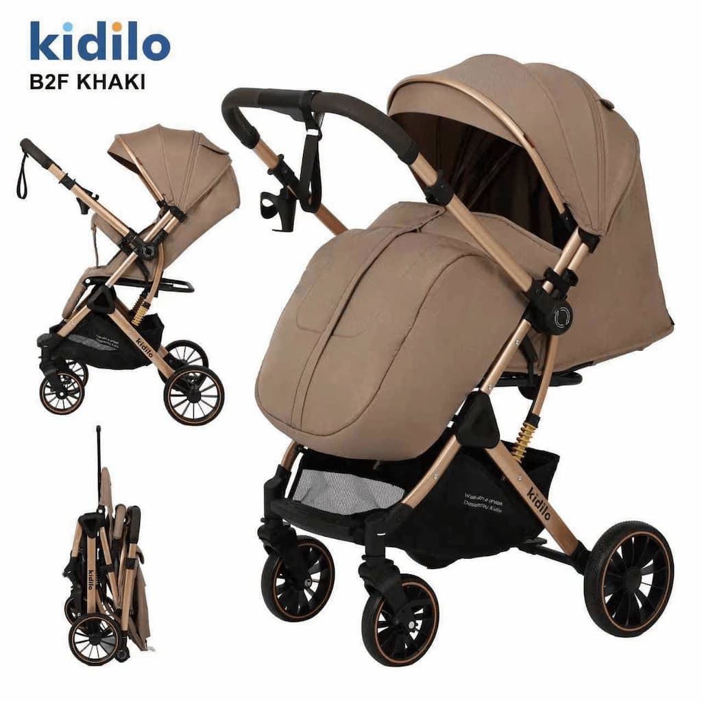 Poussette compacte réversible KIDILO B2F khaki vue de profil et pliée