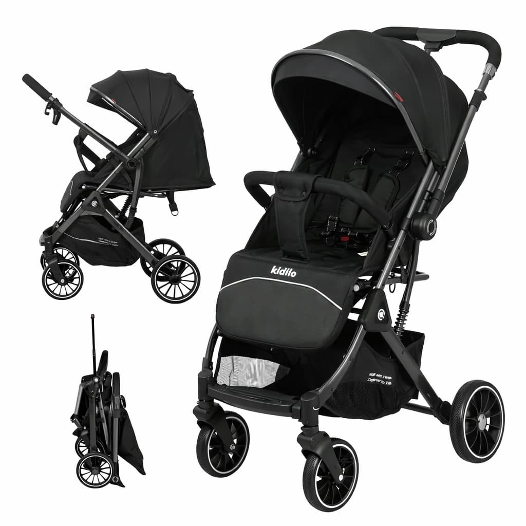 Poussette cabine avion 535 Kidilo compacte noire dépliée et pliée